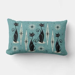 Mid Century Meow Retro Atomic Cats - Blue Lumbar Pillow