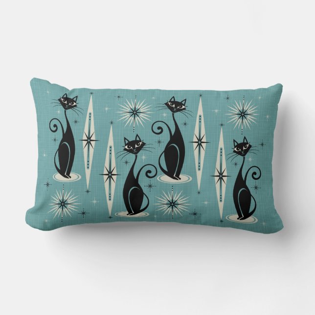Mid Century Meow Retro Atomic Cats - Blue Lumbar Pillow (Front)