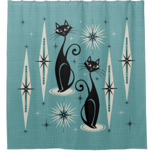 Mid Century Meow Retro Atomic Cats on Blue