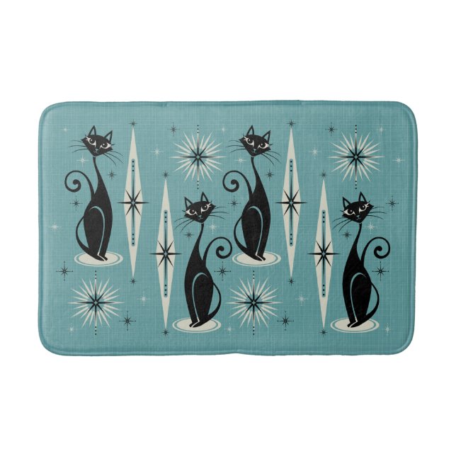 Mid Century Meow Retro Atomic Cats on Blue Bath Mat (Front)