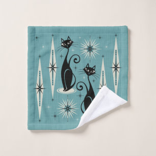 Mid Century Meow Retro Atomic Cats on Blue Bath Towel Set