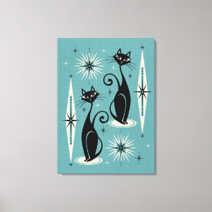 Mid Century Meow Retro Atomic Cats on Blue Canvas Print