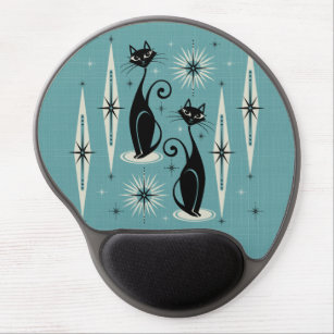 Mid Century Meow Retro Atomic Cats on Blue Gel Mouse Pad