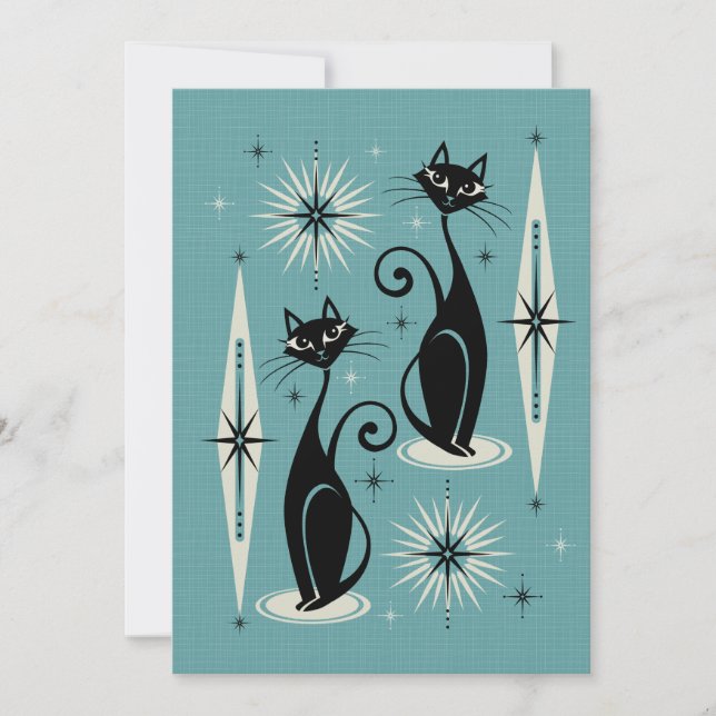 Mid Century Meow Retro Atomic Cats on Blue Invitation (Front)