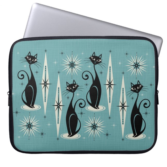 Mid Century Meow Retro Atomic Cats on Blue Laptop Sleeve (Front)