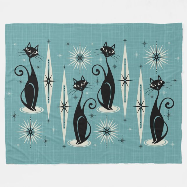 Mid Century Meow Retro Atomic Cats on Blue LG Scal Fleece Blanket (Front (Horizontal))