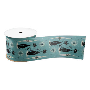 Mid Century Meow Retro Atomic Cats on Blue Satin Ribbon