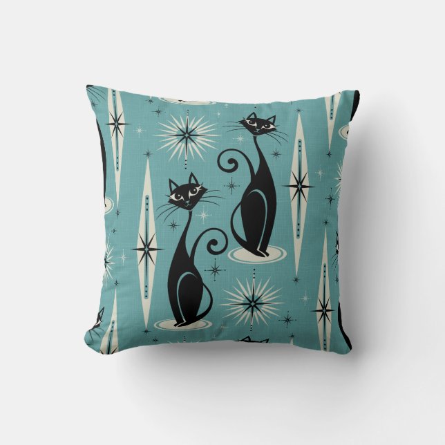 Mid Century Meow Retro Atomic Cats on Blue Throw Pillow (Front)
