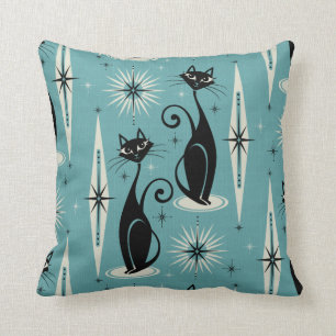 Mid Century Meow Retro Atomic Cats on Blue Throw Pillow