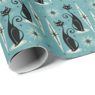 Mid Century Meow Retro Atomic Cats on Blue Wrapping Paper