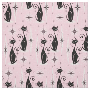 Mid Century Meow Retro Atomic Cats on Cool Pink Fabric