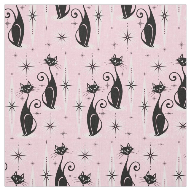 Mid Century Meow Retro Atomic Cats on Cool Pink Fabric (Swatch)
