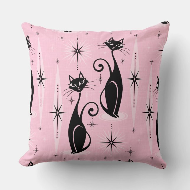 Mid Century Meow Retro Atomic Cats on Cool Pink Throw Pillow (Front)