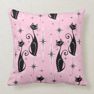Mid Century Meow Retro Atomic Cats on Cool Pink Throw Pillow