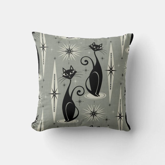 Mid Century Meow Retro Atomic Cats on Grey Throw Pillow (Front)