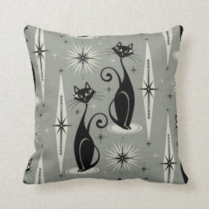 Mid Century Meow Retro Atomic Cats on Grey Throw Pillow