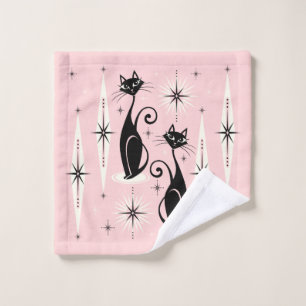 Mid Century Meow Retro Atomic Cats on Warm Pink Bath Towel Set