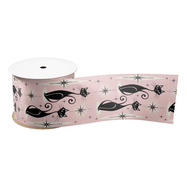 Mid Century Meow Retro Atomic Cats on Warm Pink Satin Ribbon (Spool)