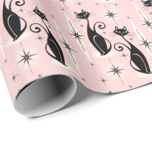 Mid Century Meow Retro Atomic Cats on Warm Pink Wrapping Paper