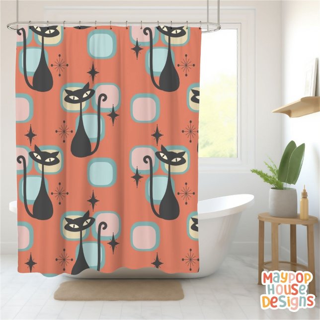 Mid Century Meow Retro Atomic Cats Pink (mid century modern shower curtain bathroom decor)