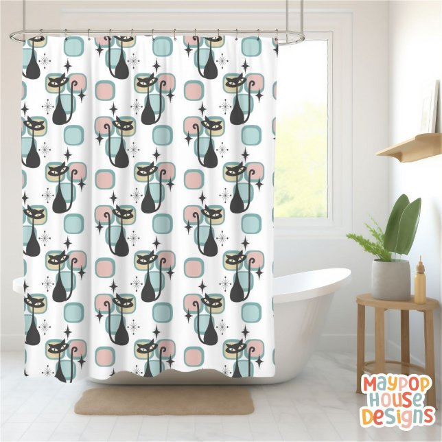 Mid Century Meow Retro Atomic Cats Pink (mid century modern shower curtain bathroom decor)