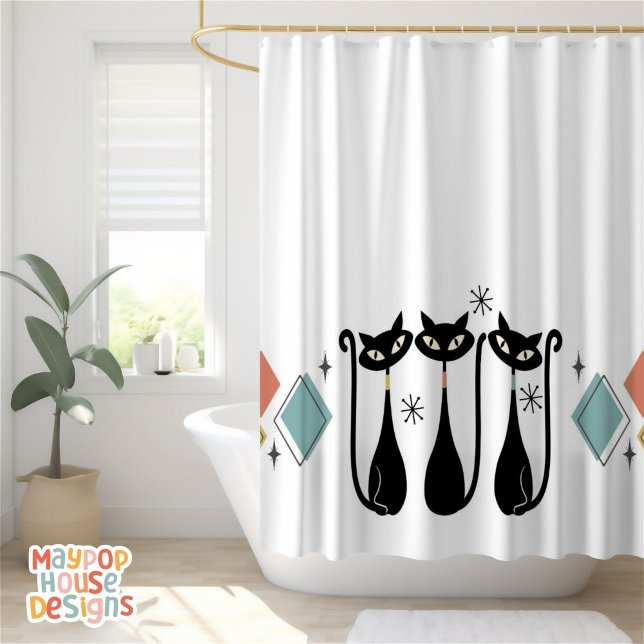 Mid Century Meow Retro Atomic Cats Pink (mid century modern atomic cat shower curtain bathroom decor)