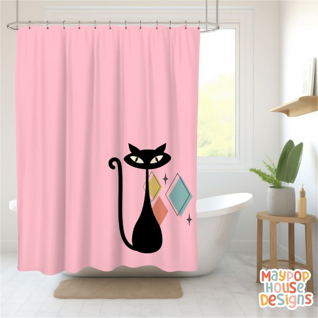 Mid Century Meow Retro Atomic Cats Pink (mid century modern pink atomic cat shower curtain)
