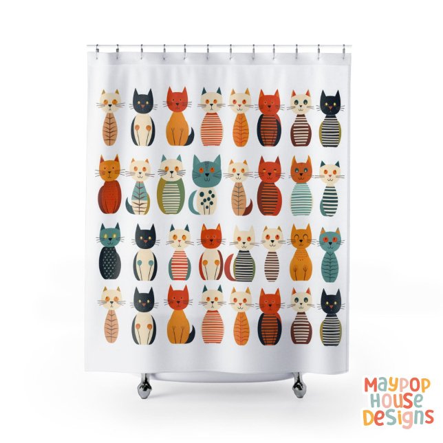 Mid Century Meow Retro Atomic Cats Pink (whimsical cat shower curtain)
