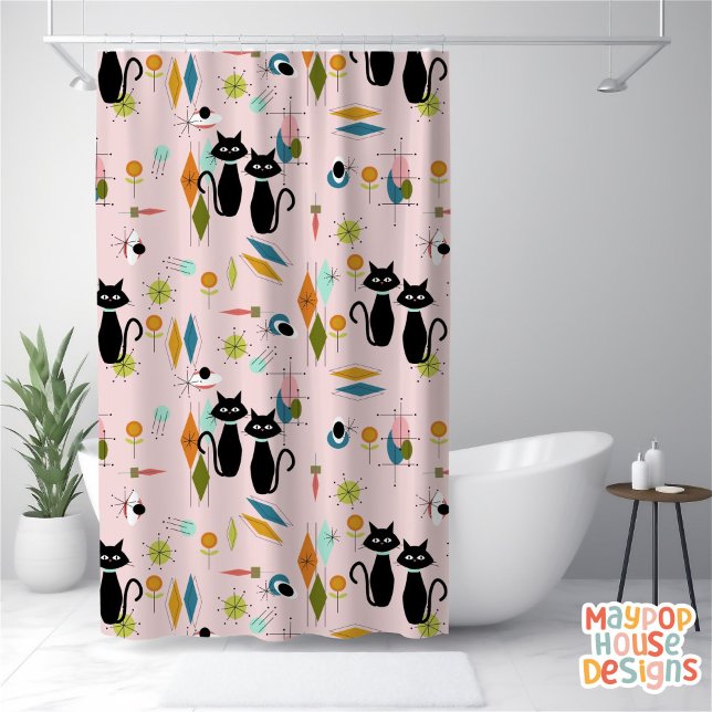 Mid Century Meow Retro Atomic Cats Pink (atomic cat pink retro mid century modern shower curtain)