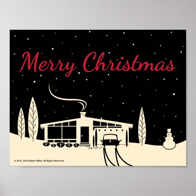 Mid-Century Merry Christmas Snowscene-Black Poster (Front)