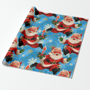Mid-Century Merry: Vintage Running Santa in Blue Wrapping Paper