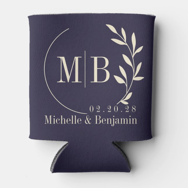 Mid-Century Midnight Ocean Leaf Wedding Monogram Can Cooler (Front)