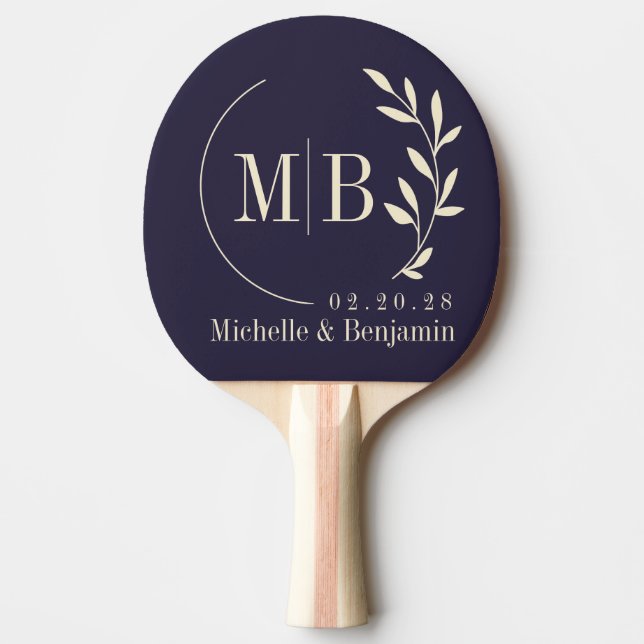 Mid-Century Midnight Ocean Leaf Wedding Monogram Ping Pong Paddle (Front)