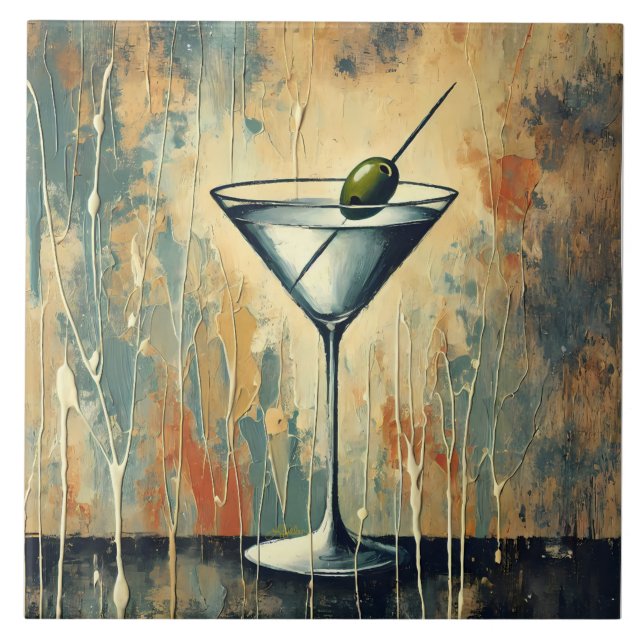 Mid Century Mixed Media Martini Art Tile (Front)