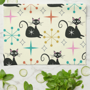 Mid Century Mod Atomic Cats with Retro Starbursts  Kitchen Towel