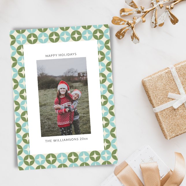 Mid Century Mod Blue Sage Green Vertical Photo  Holiday Card (Creator Uploaded)