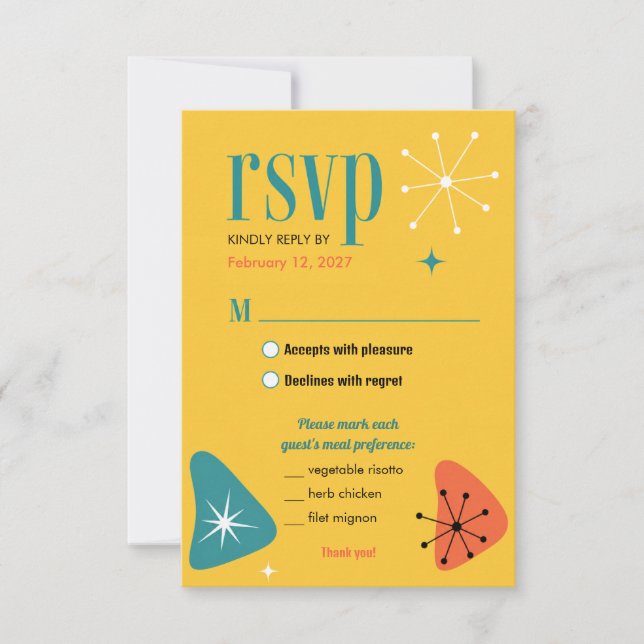 Mid-Century Mod Bright Yellow Wedding RSVP Card (Front)