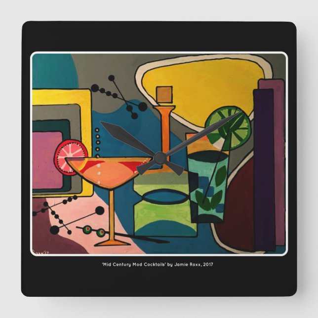 'Mid Century Mod Cocktails' painting on a Square Wall Clock (Front)