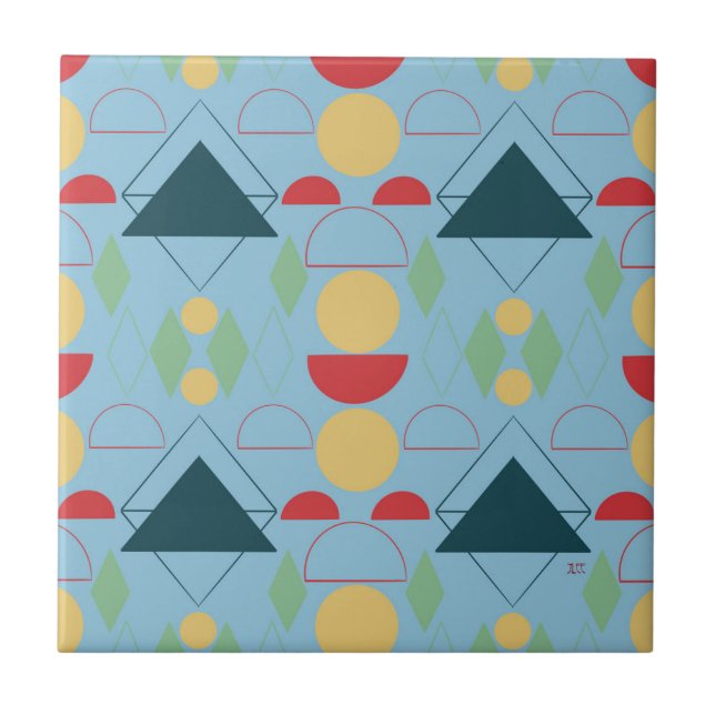 Mid Century Mod Geometric Blue Ceramic Tile (Front)