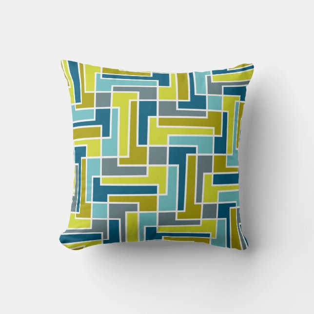 Mid Century Mod Geometric Colour Block Green Blue Throw Pillow (Front)