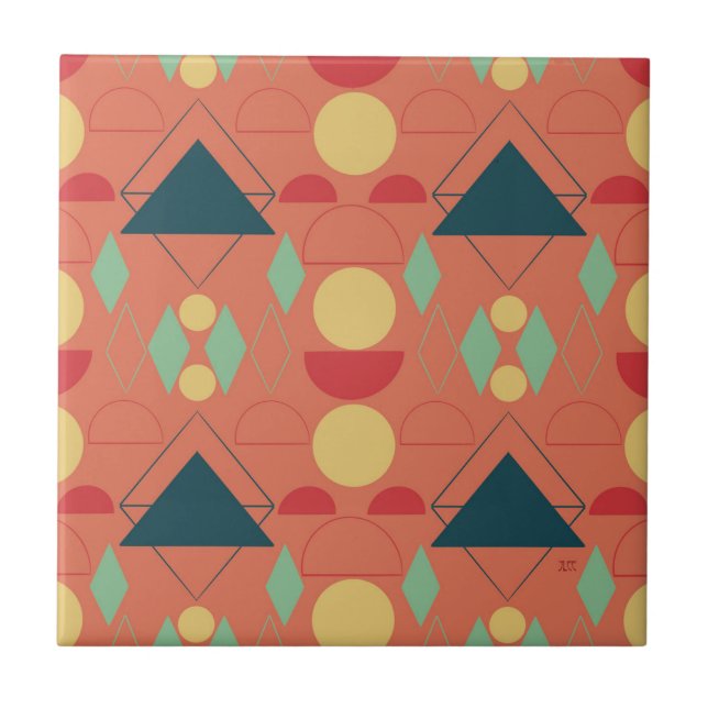 Mid Century Mod Geometric Orange Ceramic Tile (Front)