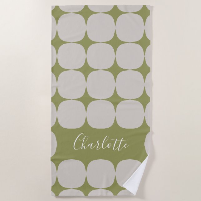 Mid Century Mod in Olive Green Personalized  Beach Towel (Front)