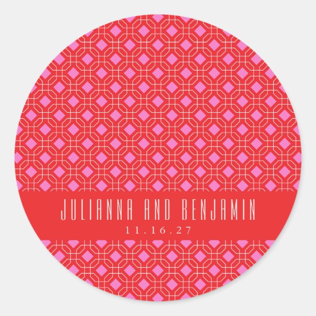 Mid Century Mod Red Pink Geometric Custom Wedding Classic Round Sticker (Front)