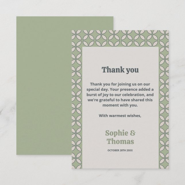 Mid Century Mod Retro Wedding Olive Green Thank You Card (Front/Back)