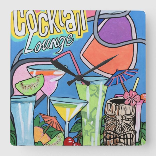 Mid Century Mod Tropical Tiki Lounge painting on a Square Wall Clock (Front)