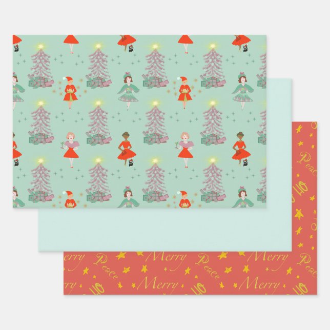 Mid century mod women retro Christmas, pink, green Wrapping Paper Sheet (Set)