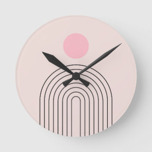 Mid Century Modern 05 Sun And Rainbow Blush Pink Round Clock