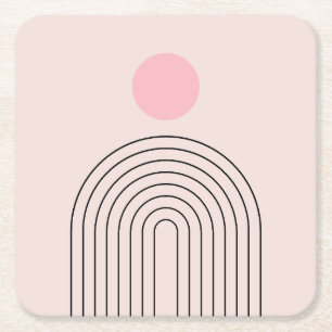 Mid Century Modern 05 Sun And Rainbow Blush Pink Square Paper Coaster