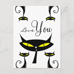 Mid Century Modern 1950s Atomic Black Cat Love You Postcard