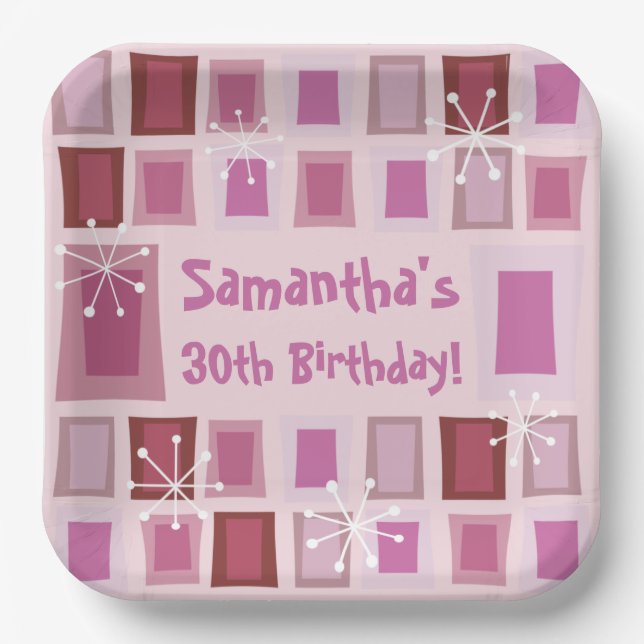 Mid Century Modern 30th Birthday Pink Paper Plate (Front)
